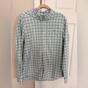 Vineyard Vines On the Go Performance Mint and Navy Plaid Button-Down Shirt